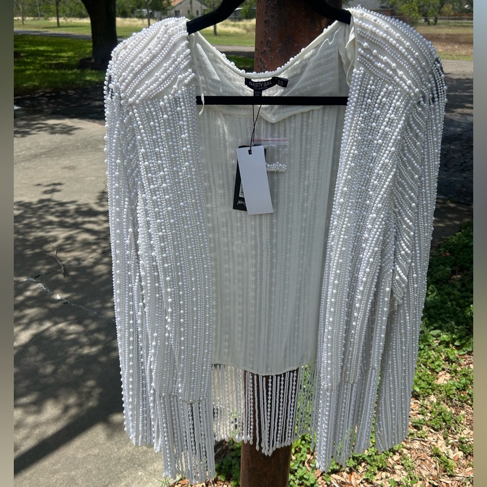 Nasty Gal Pearl Embellished Fringe Jacket, Size: 18 NWT